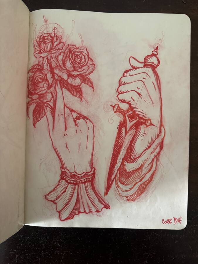 Croquis rouge de deux mains, l'une tenant une dague, l'autre des roses
