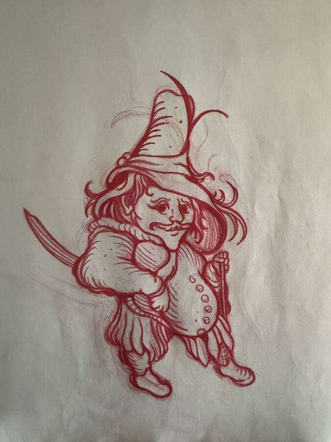 Page de carnet, croquis rouge d'un nain à chapeau pointu