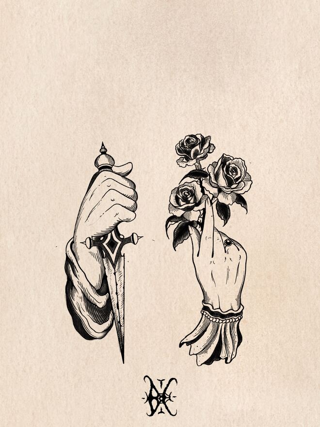 Dessin de deux mains, l'une tenant une dague, l'autre des roses