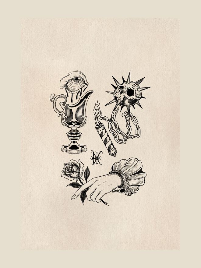 Planche de dessins : masse d'armes, cierge enchaîné, vase à l'œil, main à la rose