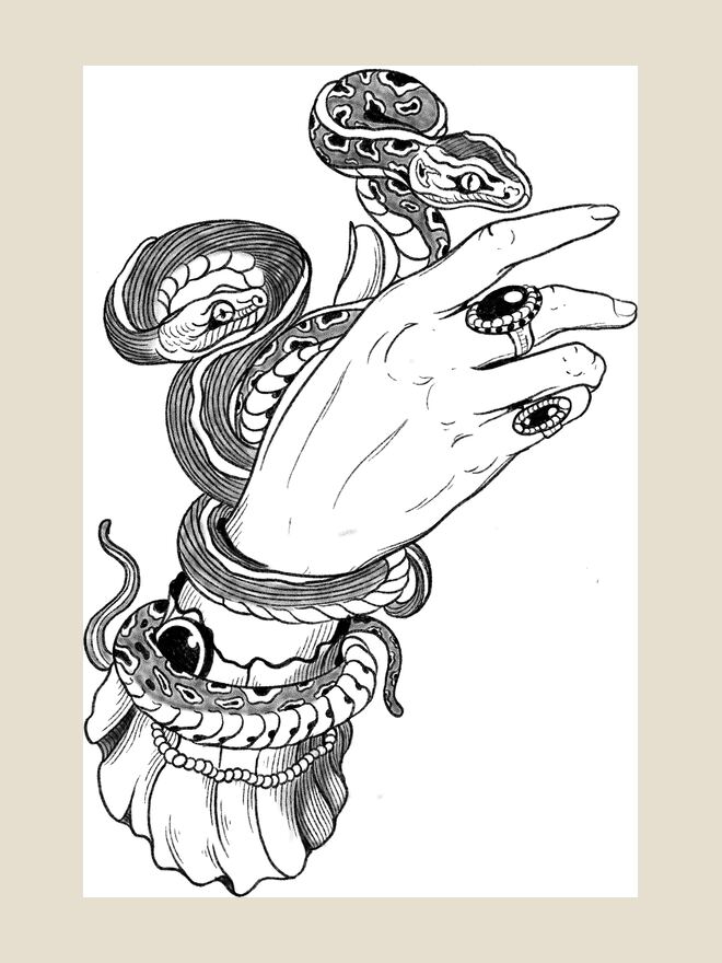 Dessin d'une main baguée enlacée par un serpent