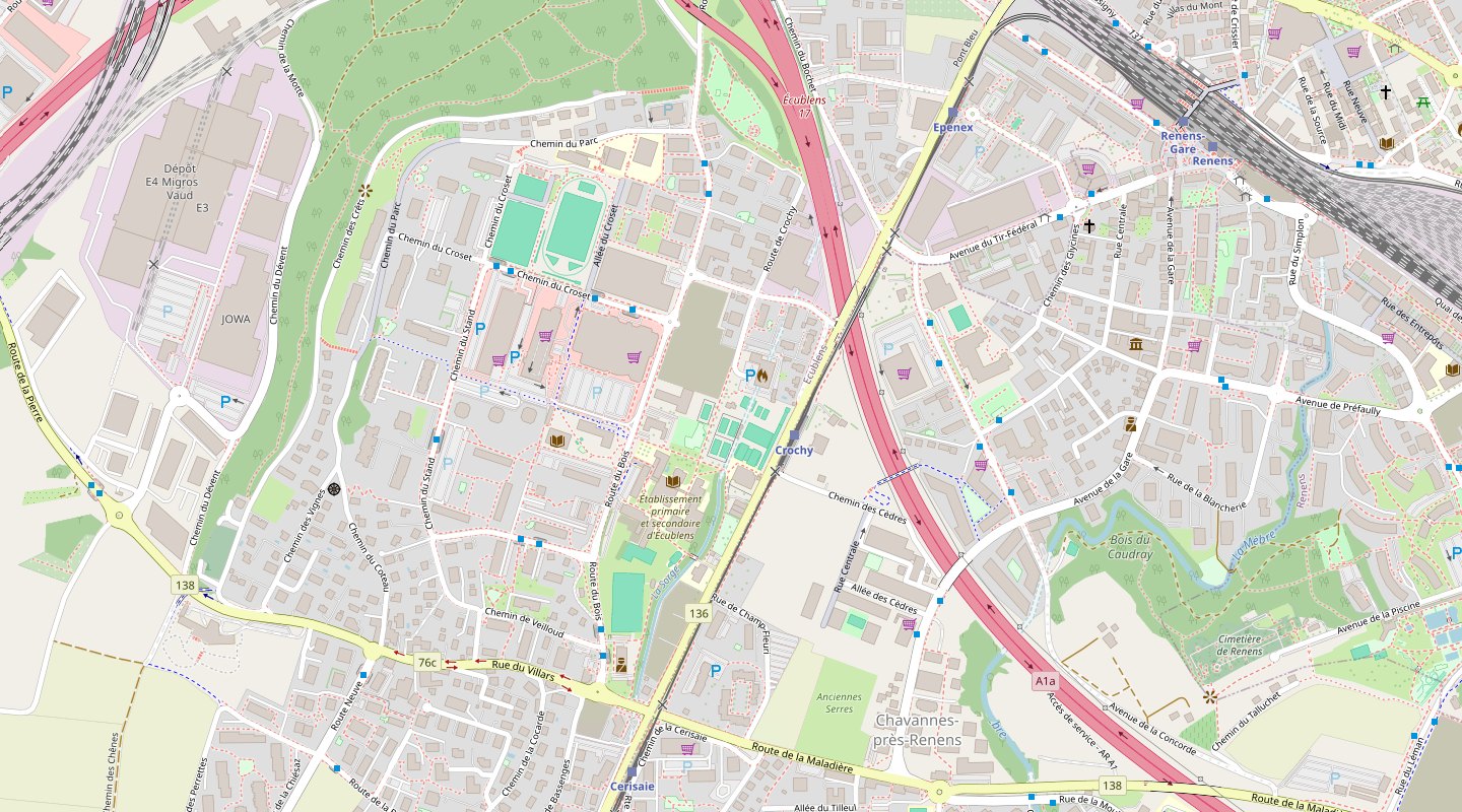 Plan du quartier d’En Crochy à Écublens, situant le Restaurant Tennis Club chemin des Esserts 6