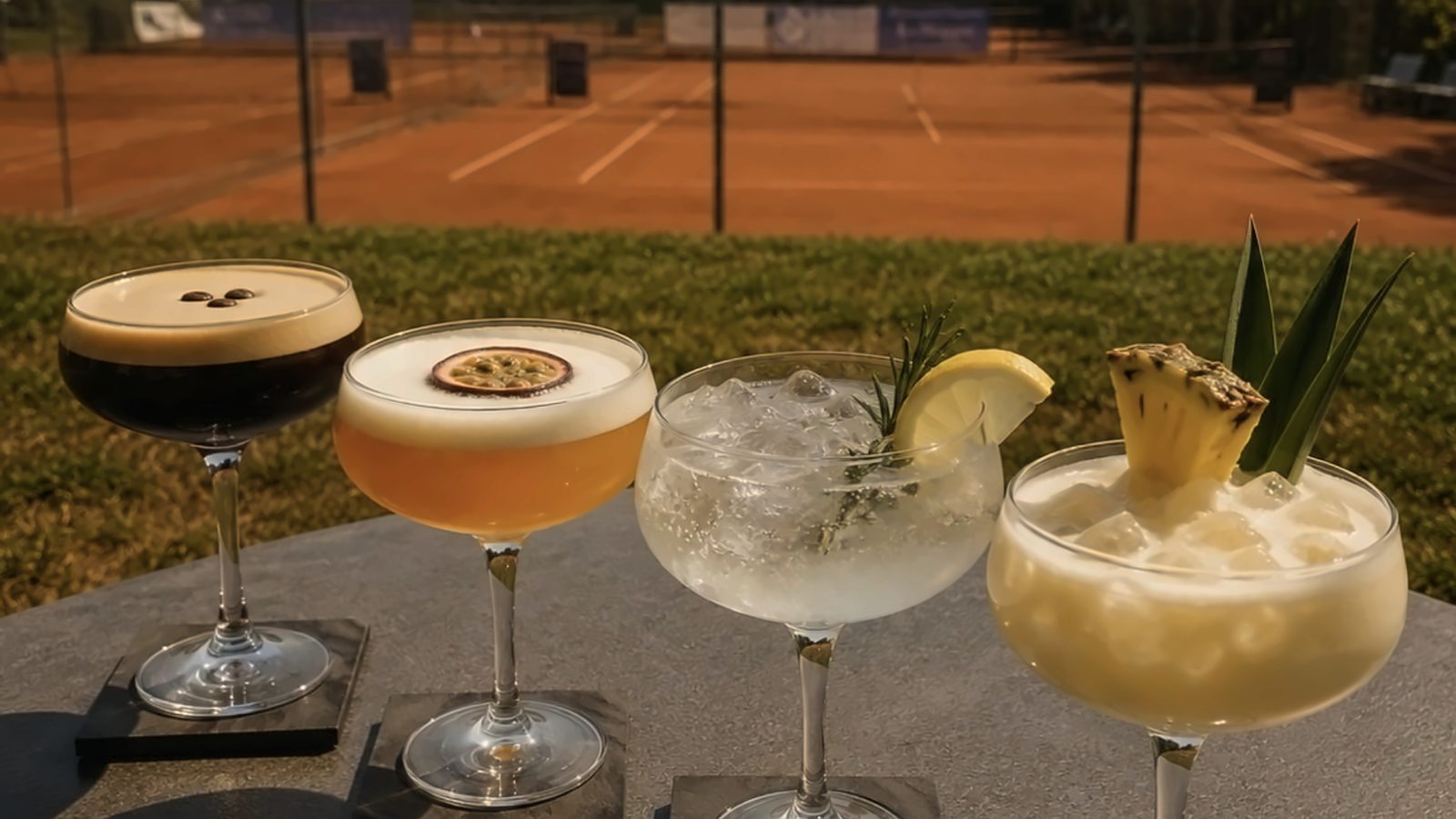 Quatre cocktails servis sur la terrasse du club-house, devant les courts en terre battue d’Écublens